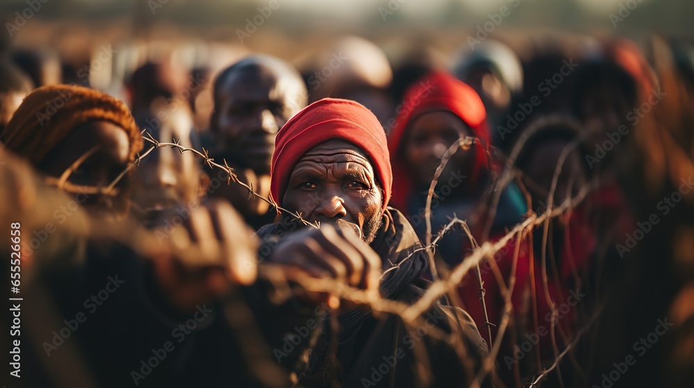 Behind a chain-link fence is a crowd of confused status a lot of illegal migrants from poor African countries. Migrant encampment - obrazy, fototapety, plakaty 