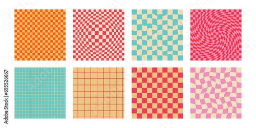 Groovy checkerboard, psychedelic seamless pattern in y2k style. Retro distorted chessboard, geometric vintage aesthetic poster, Hippie trippy background