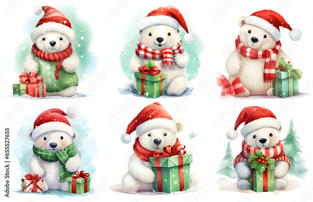 set of cute Christmas Polar Bear with Gift box on transparent isolated Background, png, generated ai set of cute Christmas Polar Bear with Gift box on transparent isolated Background, png, generated ai