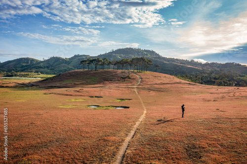 Aerial view of Co Hong or pink grass at Masara village, Duc Trong, Da Lat, Lam Dong, Vietnam photo