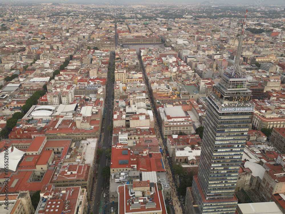 Aerial view: Historic Center, Latino Tower, and Zocalo of mexico city