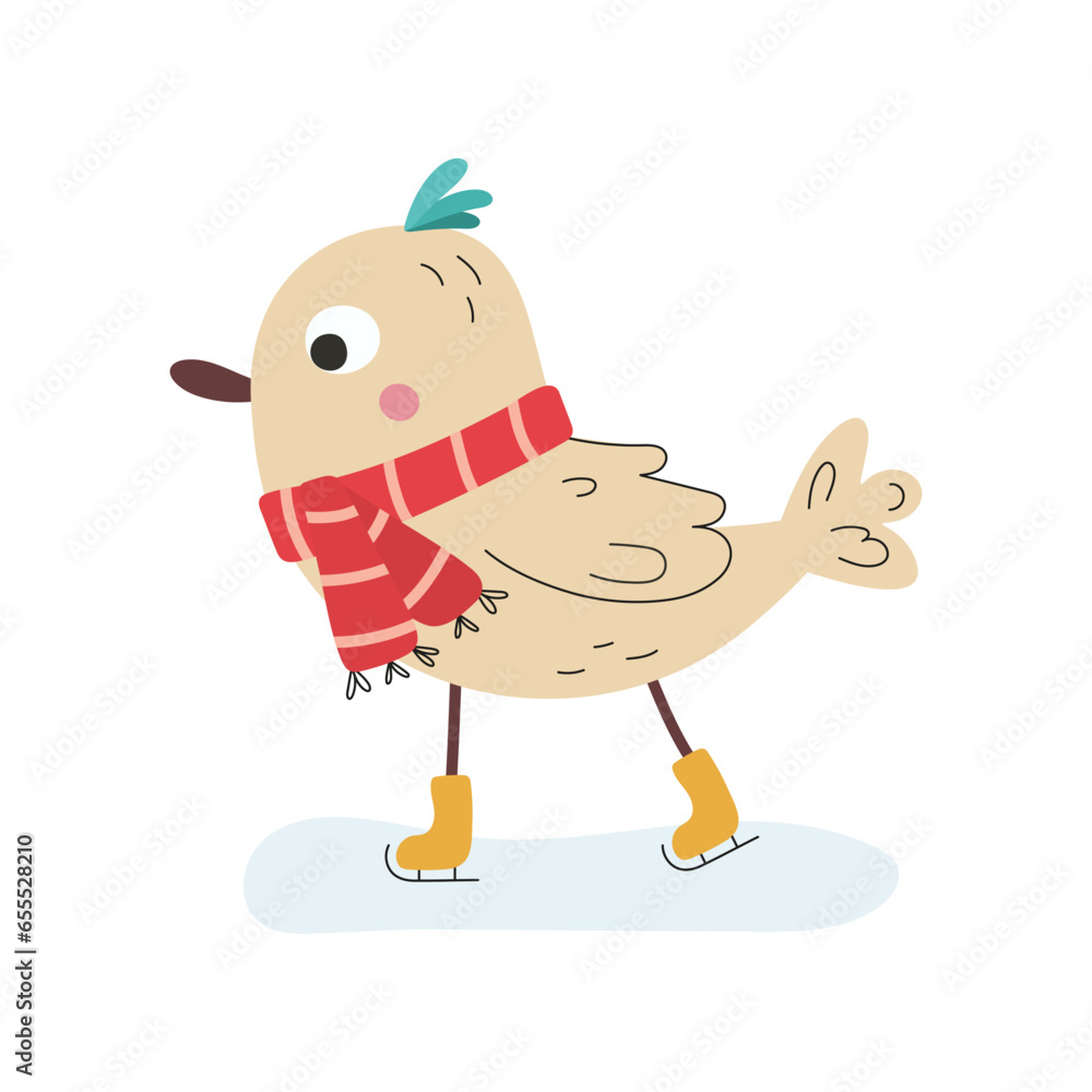 Little cute cartoon bird with scarf on ice skates Little cute cartoon bird with scarf on ice skates