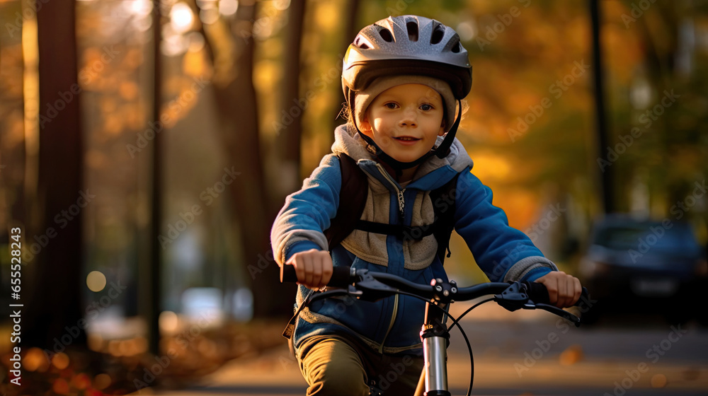 A child boy in bicycle helmet riding a bicycle for the first time. safety helmet. Generative Ai A child boy in bicycle helmet riding a bicycle for the first time. safety helmet. Generative Ai