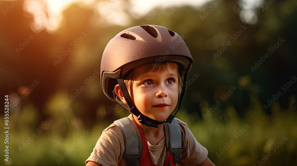A child boy in bicycle helmet riding a bicycle for the first time. safety helmet. Generative Ai A child boy in bicycle helmet riding a bicycle for the first time. safety helmet. Generative Ai