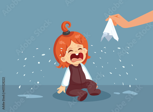 Parent Offering a Handkerchief to a Crying Toddler Vector Cartoon Illustration. Unhappy spoiled child feeling unhappy and stressed out 
