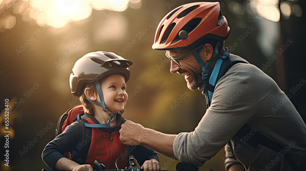 Father helping cheerful son wearing bicycle helmet for cycle. Excited little boy getting ready by wearing bike helmet to start cycling. Safety helmet. Generative Ai - obrazy, fototapety, plakaty 
