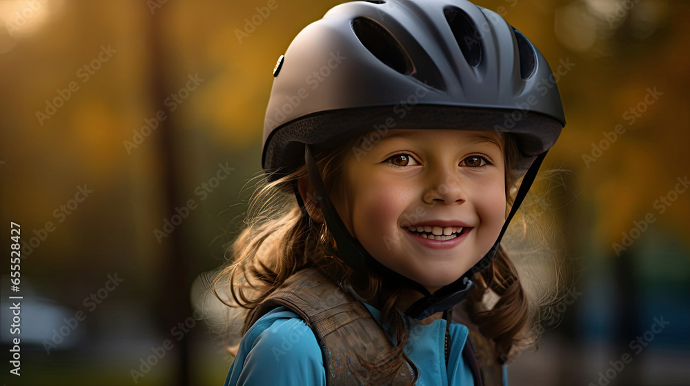 Happy portrait of a young girl with a bicycle helmet on playing outside. Generative Ai Happy portrait of a young girl with a bicycle helmet on playing outside. Generative Ai