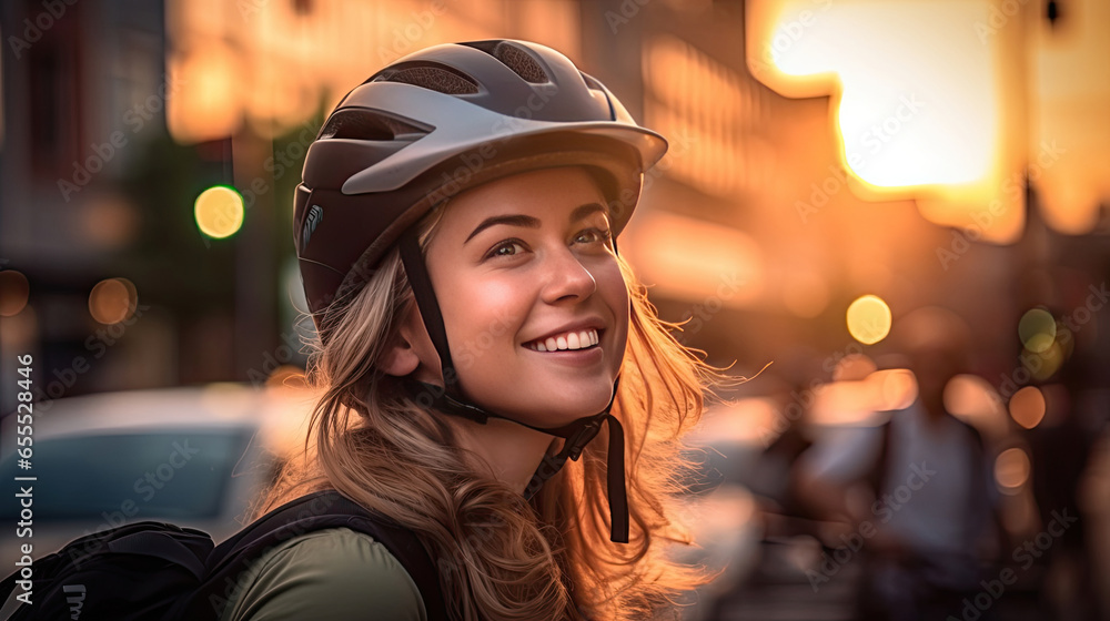 Happy woman wearing bicycle helmet with bicycle on street. Generative Ai Happy woman wearing bicycle helmet with bicycle on street. Generative Ai