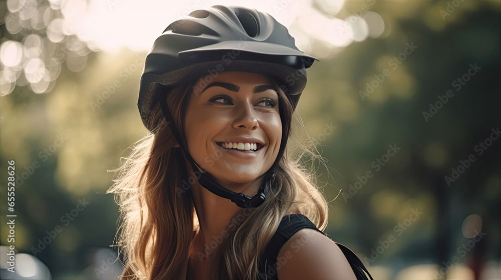 Happy young woman wearing bicycle helmet in park. Generative Ai Happy young woman wearing bicycle helmet in park. Generative Ai