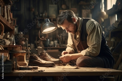 A male shoemaker repairs shoes in his workshop. 
