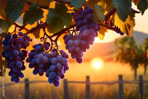 A photorealistic 3D rendering of a painting of a bunch of grapes hanging from a tree branch in a vineyard at sunset or dawn with the sun setting.