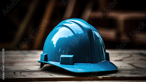 A blue safety helmet or hardhat for the construction worker which is placed at construction working site. Generative Ai