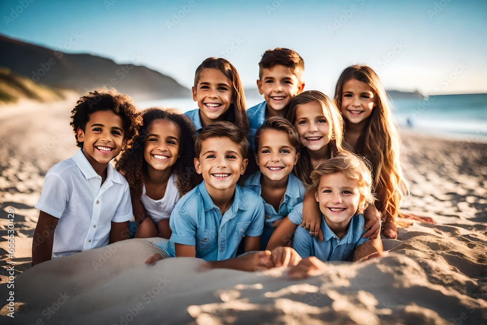 An image of a group of cute children on a beach on a bright sunny day. An image of a group of cute children on a beach on a bright sunny day.