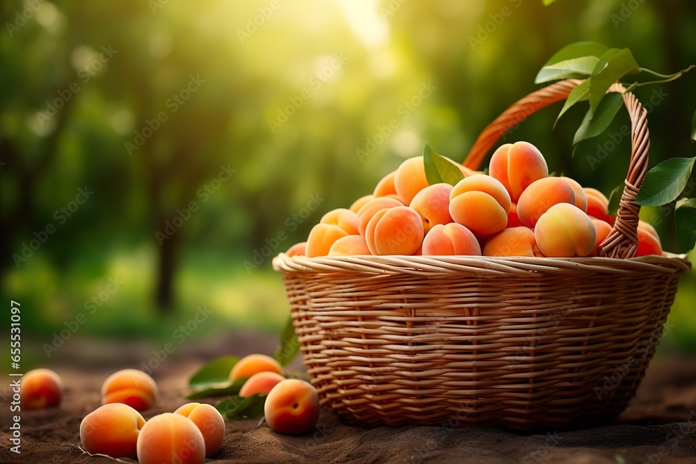 Photorealism of close-up of fresh apricot in basket in field green plants with apricot trees background - obrazy, fototapety, plakaty 