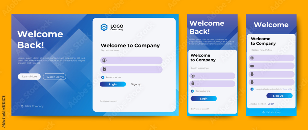 Login and Registration form templates with blue color design. Mobile Sign Up and Sign In page. Professional web design, full set of elements. User-friendly design materials. - obrazy, fototapety, plakaty 