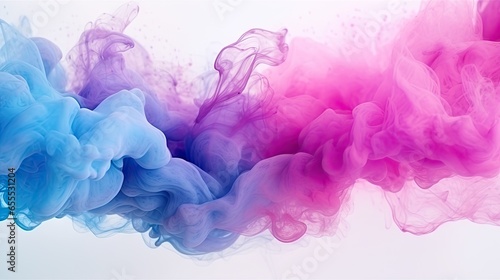  a blue and pink smoke is in the air on a white background.  generative ai