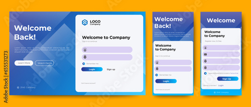 Login and Registration form templates with blue color design. Mobile Sign Up and Sign In page. Professional web design, full set of elements. User-friendly design materials.