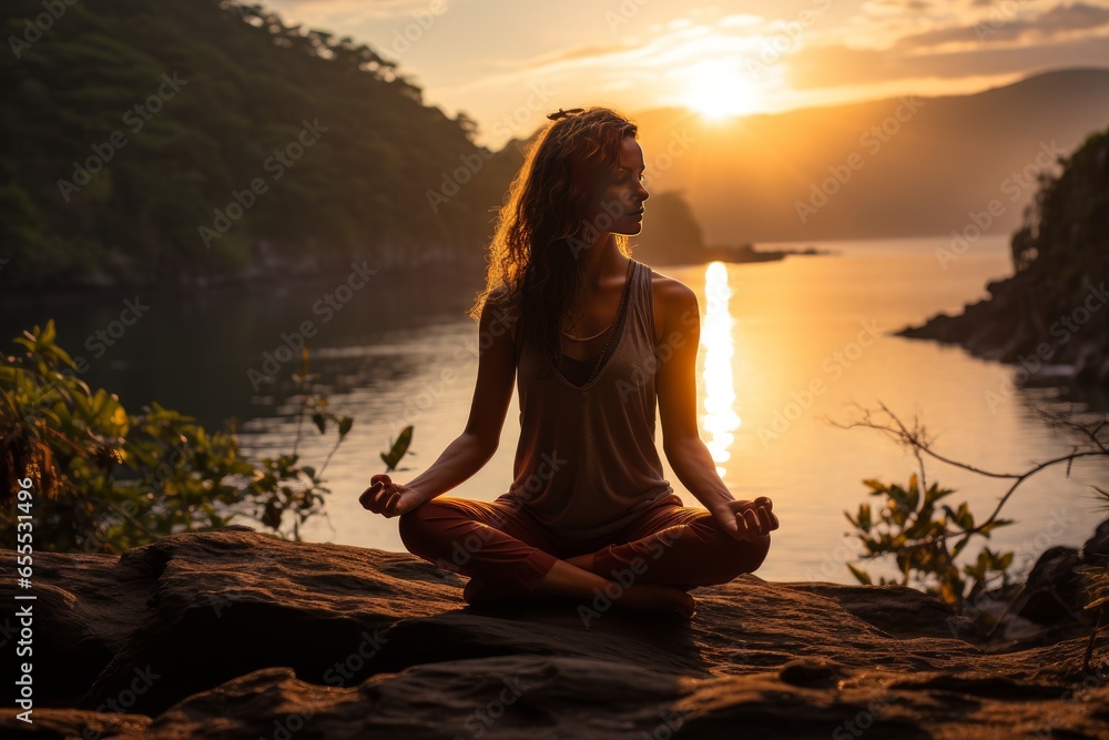 young woman doing yoga at sunset