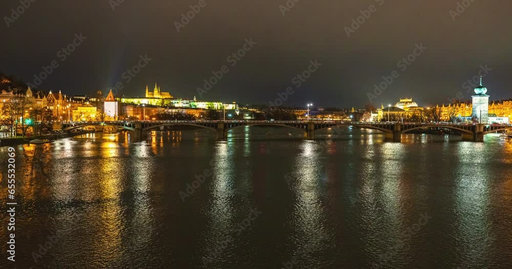 Timelapse of Prague city and Vltava river bridges from dusk to night. Timelapse of Prague city and Vltava river bridges from dusk to night.