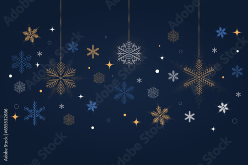 Christmas background for greeting card, poster. Design template of beautiful snowflakes in modern flat style. Christmas decoration. Vector. Vector illustration
