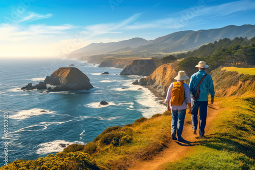 A senior couple admiring the scenic Pacific coast while hiking. Filled with wonder at the beauty of nature during their active retirement. View from behind