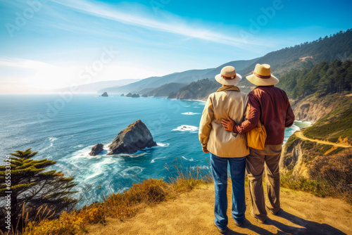 A senior couple admiring the scenic Pacific coast while hiking. Filled with wonder at the beauty of nature during their active retirement. View from behind