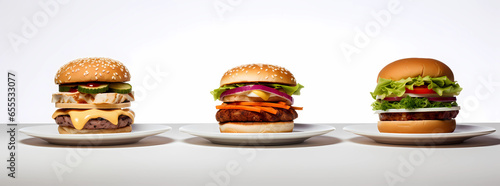 hamburgers sitting on four plates
