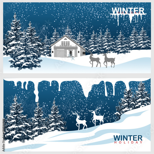 Vector Winter Holidays: Winter panoramic view when the trees are covered with snow.
