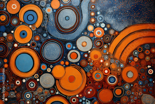 A orange and blue wallpaper with geometric and circular shapes, in the style of muted earth tones, irregular curvilinear forms photo