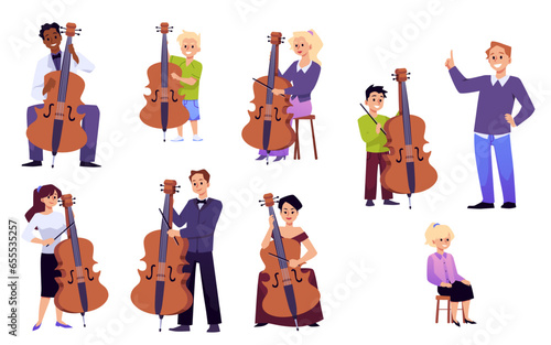 Diverse people playing cello, flat vector illustration isolated on white background.