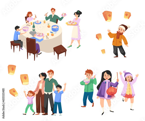 Happy people releasing sky lanterns and eating rice balls, flat vector illustration isolated on white background.