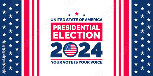 Presidential election 2024 background design template with USA flag. Vote in USA flag banner design. Election voting poster. president voting 2024. Political election 2024 campaign background.