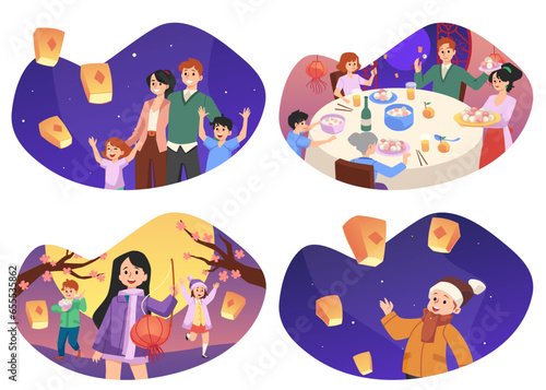 Lantern Yuanxiao CNY festival banners with family set flat vector illustration.