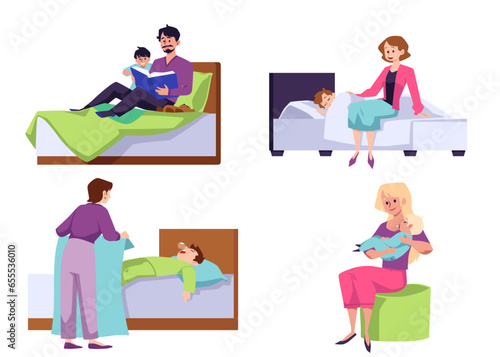 Children get ready for bed and fall asleep, flat vector illustration isolated on white background.