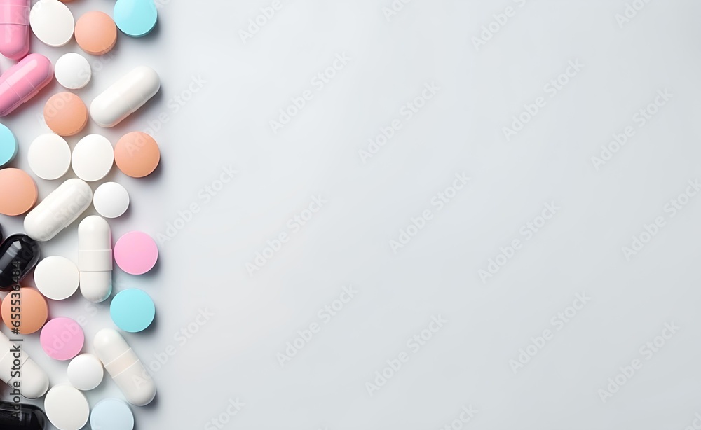 Pills and capsules on pastel background free copy space