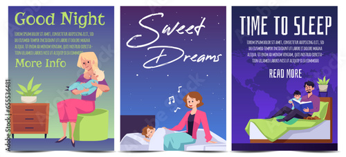 Set of posters or vertical banner about parents lull children flat style
