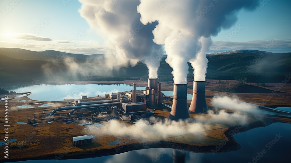 Geothermal power plant station, Emitting steam instead of pollutants, Save the environment, Geothermal energy showcase the power of the earth's natural heat. - obrazy, fototapety, plakaty 