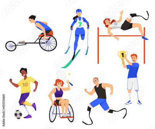 Set of happy disabled athletes flat style, vector illustration