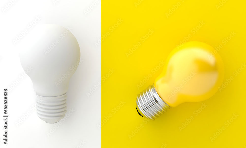 3d illustration of half white bulb on white background and half yellow bulb on yellow background. 3d illustration of half white bulb on white background and half yellow bulb on yellow background.