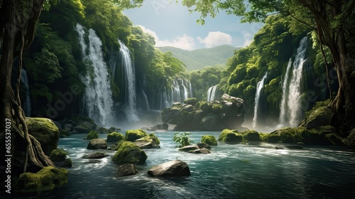 green forest with waterfalls . beautiful panoramic landscape