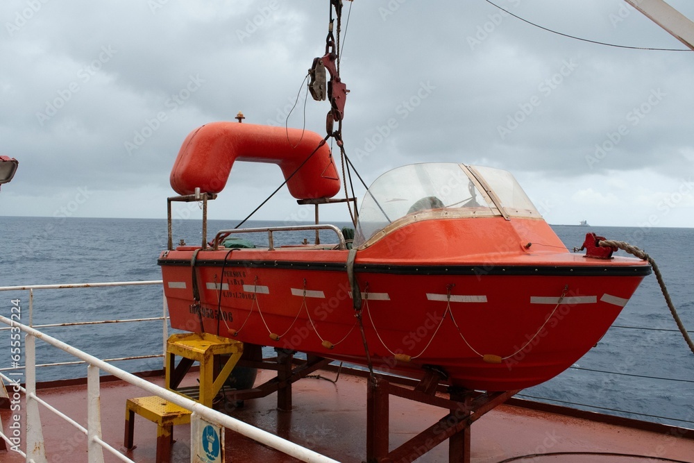 rescue boat stowed on the designated cradle of a ship Stock Photo ...