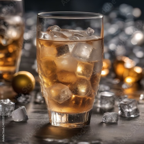 A glass filled with a bubbly and effervescent soda with ice cubes1 photo