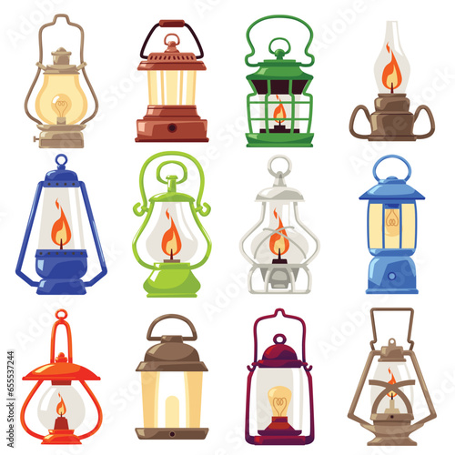 Set of old kerosine, gas and oil lanterns, cartoon flat vector illustration isolated on white background.