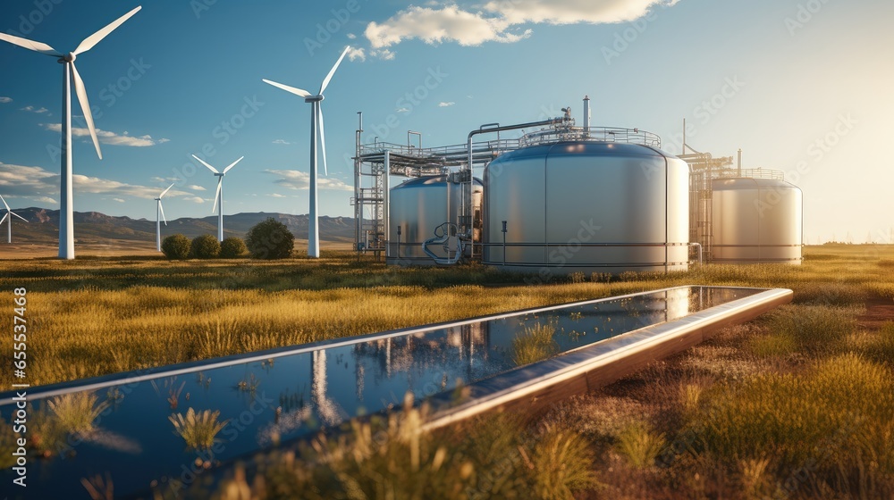 Hydrogen energy storage gas tank for clean electricity solar and wind turbine, Clean energy, Future electrical production. Hydrogen energy storage gas tank for clean electricity solar and wind turbine, Clean energy, Future electrical production.