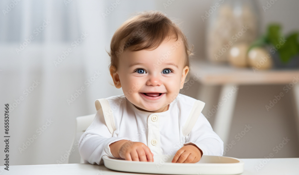 Smiling baby in white clothes seated at a table, with a neutral home interior in the background. Smiling baby in white clothes seated at a table, with a neutral home interior in the background.