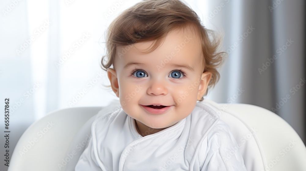Infant in a white outfit seated comfortably, exhibiting a bright smile, with sheer curtains in the background.