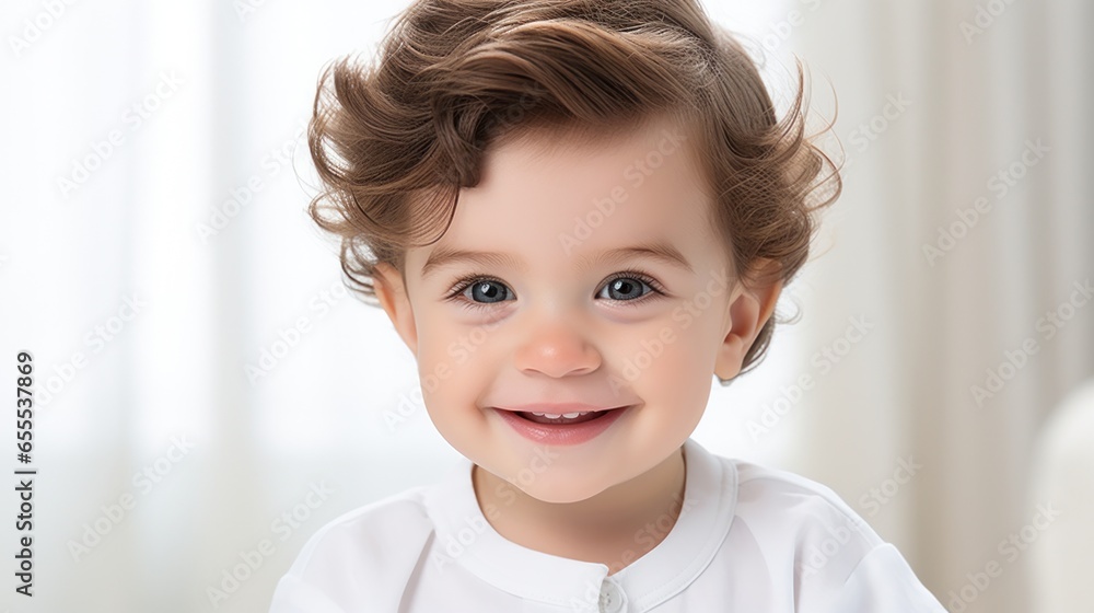 Smiling child with wavy hair, dressed in white, in a sunlit room, exuding happiness and charm. Smiling child with wavy hair, dressed in white, in a sunlit room, exuding happiness and charm.