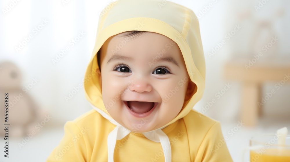Infant in a yellow hooded outfit smiling broadly in a light room with wooden toys in the background. Infant in a yellow hooded outfit smiling broadly in a light room with wooden toys in the background.