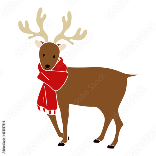 マフラーを巻いたトナカイのイラスト、クリスマス装飾、ベクター