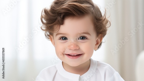 Smiling child with wavy hair, dressed in white, in a sunlit room, exuding happiness and charm.